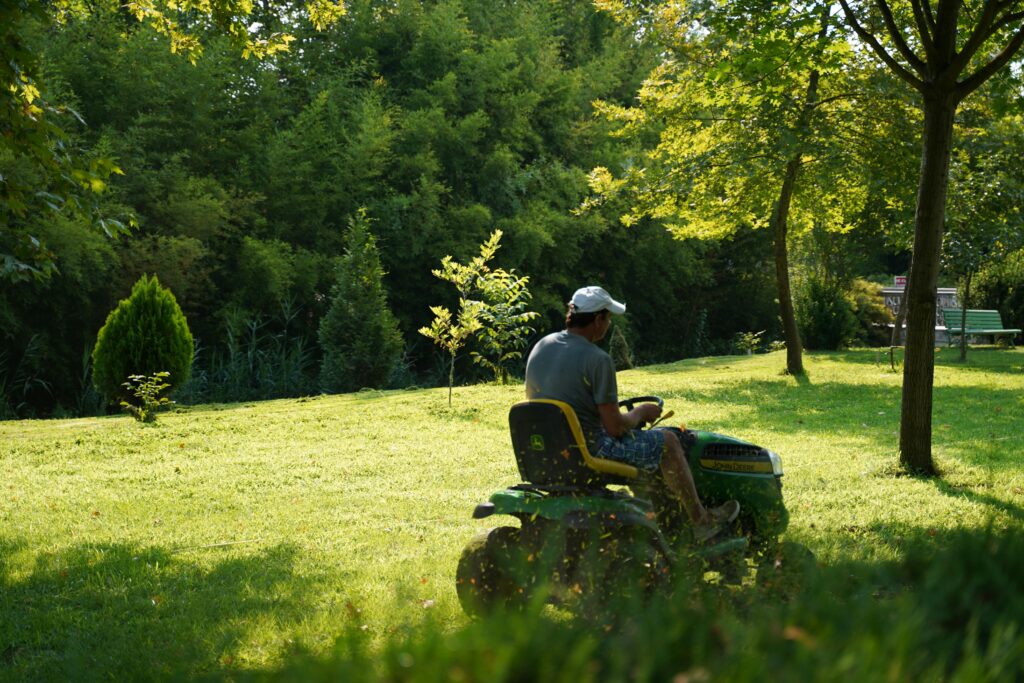 pexels photo 12087398 12087398 A man operating a lawn mower on a sunny day in a lush green garden, surrounded by trees and foliage.